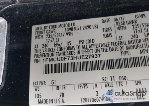 2017 Ford Escape S из США, поврежденный, VIN 1FMCU0F73HUE27937